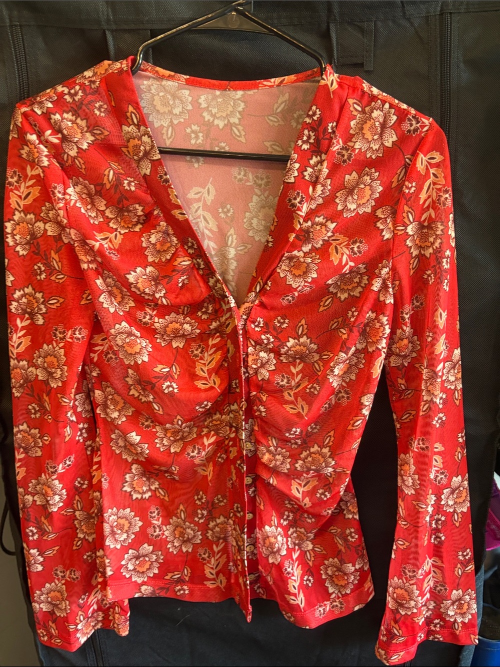 SHEIN Red Floral Ruched Button-Front Women's Top
